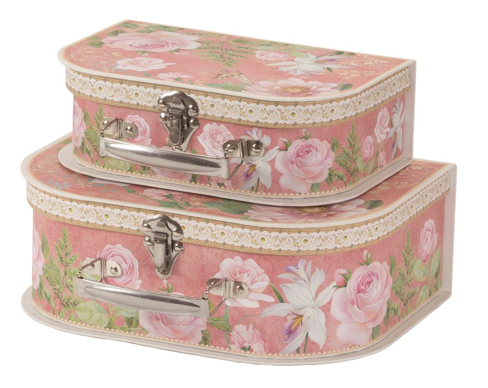 Pink rose design cardboard storage suitcases 2 Pack